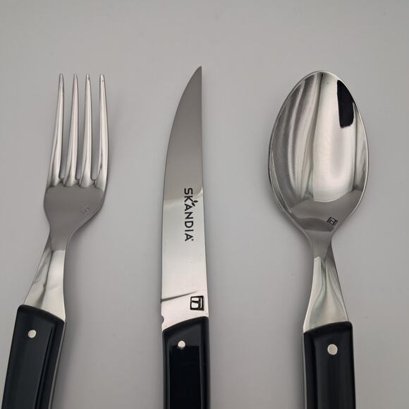 Skandia Vivid Black Handle 3 Piece Set Spoon Fork Steak Knife Flatware New Rare - Picture 2 of 2